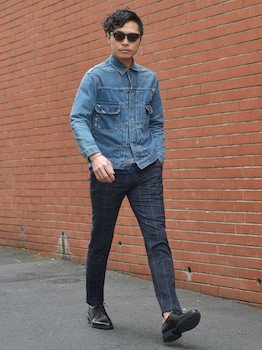 ウインドウペン柄のパンツ×デニムジャケット×革靴