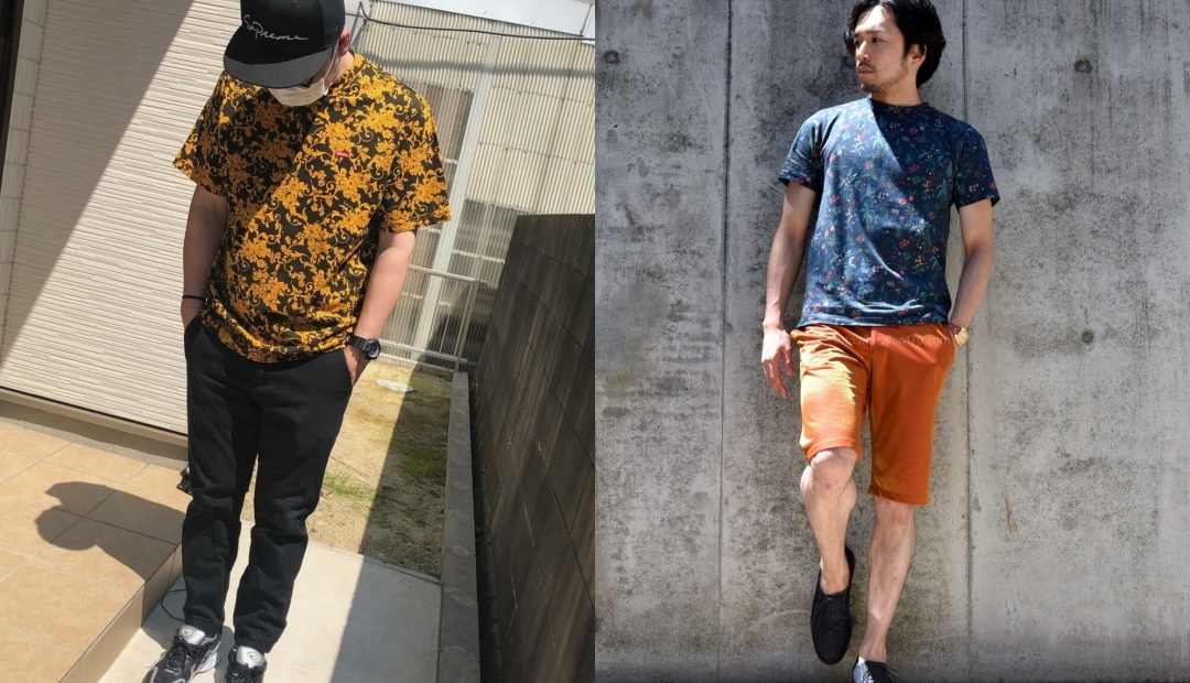花柄Tシャツのメンズコーデ