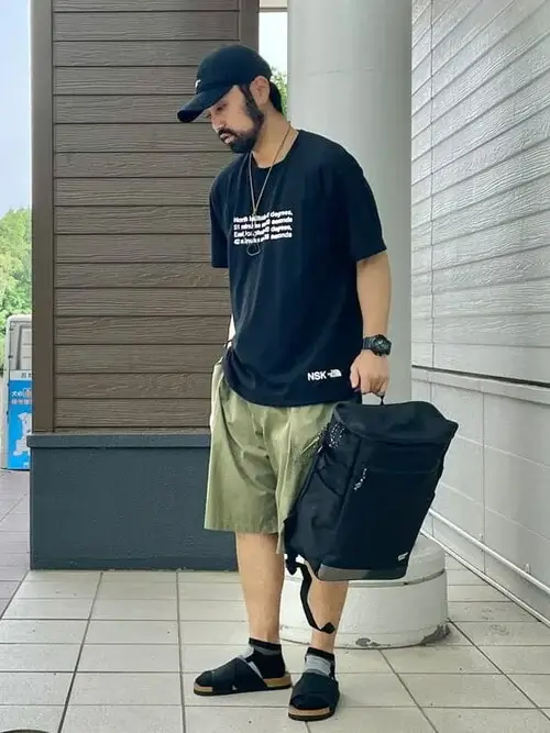 リュック×黒のロゴT×カーゴショーツ×レザーサンダル×キャップ